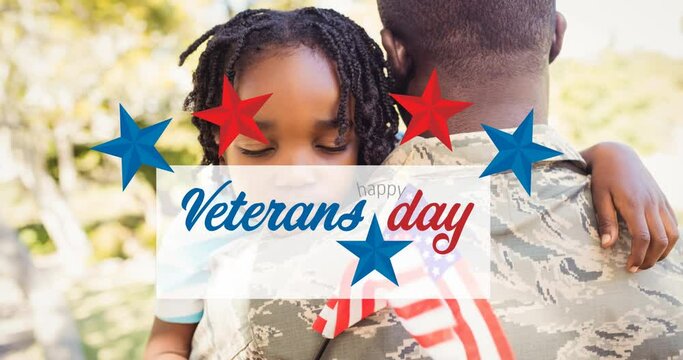 Animation of happy veterans day text over male soldier embracing son