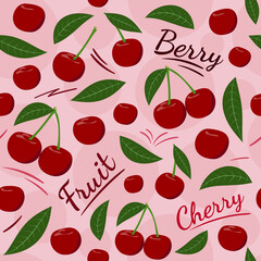 Colorful fruit seamless pattern with cherry berries, leaves and labels. Can be used for printing on fabric, wrapping paper, greeting cards, posters, banners. Cartoon vector illustration