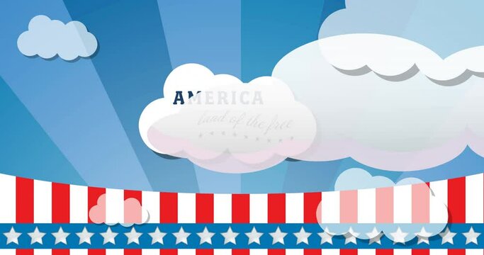 Animation of america land of the free text over rocket and clouds