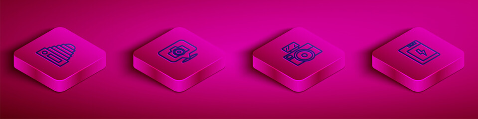 Set Isometric line Photo camera, , with flash and Battery for icon. Vector
