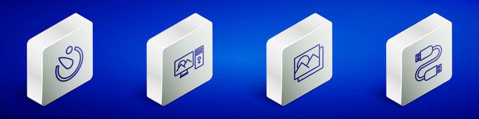 Set Isometric line Camera timer, Photo retouching, frame and USB cable cord icon. Vector