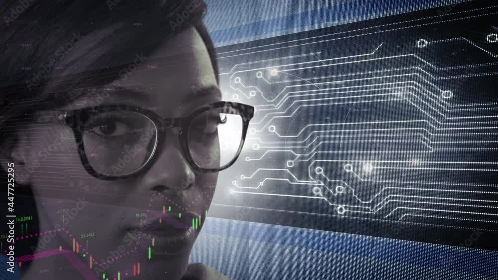 Poster animation of network of connections and data processing over woman looking at camera