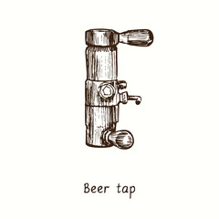 Beer tap. Ink black and white doodle drawing in woodcut style.
