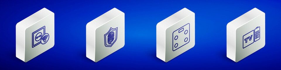 Set Isometric line Smart electrical outlet, Fingerprint, bathroom scales and Multimedia and TV box receiver icon. Vector