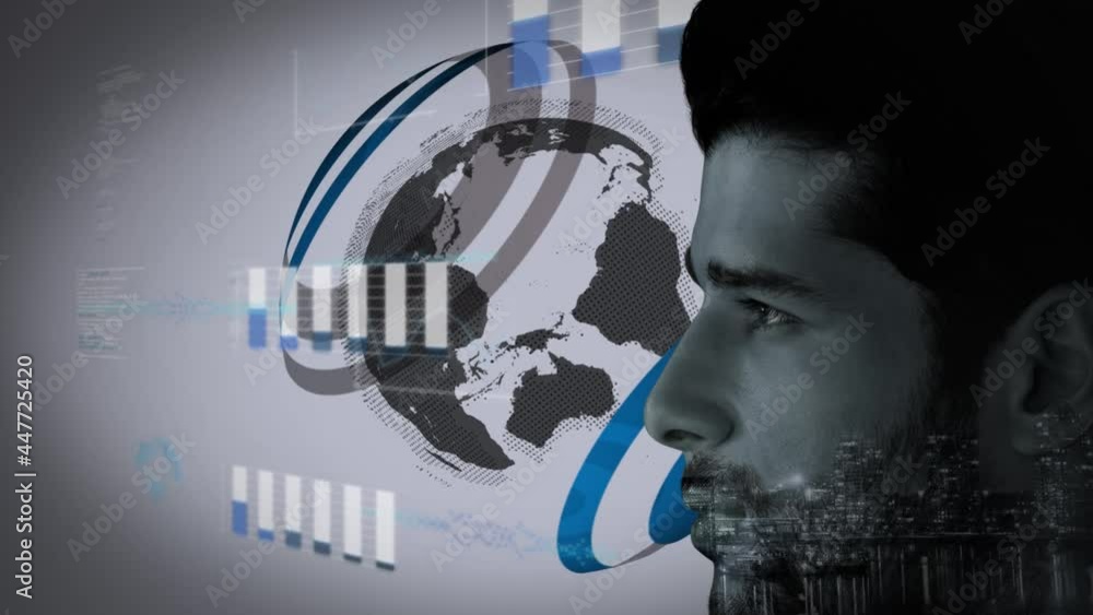 Poster animation of globe and data processing over man