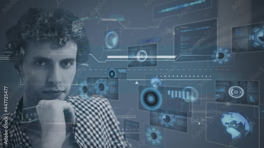 Aufkleber Animation of scope scanning and data processing over man looking at camera
