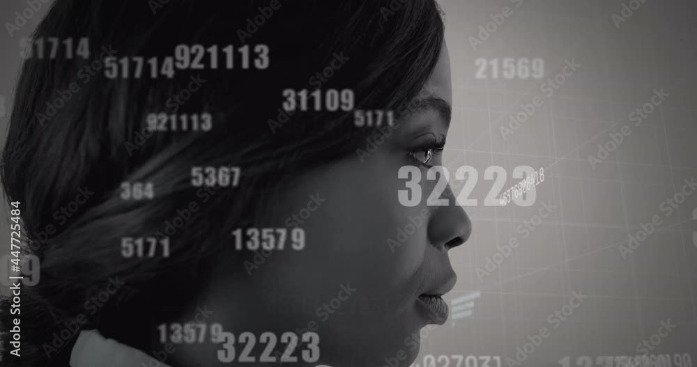 Poster animation of data processing over woman on interface