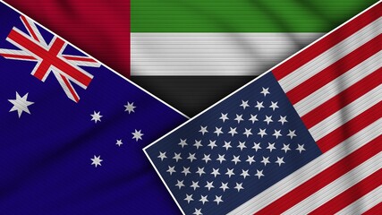United Arap Emirates United States of America Australia Flags Together Fabric Texture Effect Illustration