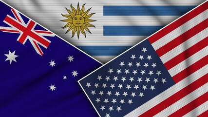 Uruguay United States of America Australia Flags Together Fabric Texture Effect Illustration