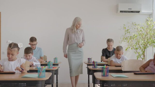 In Elementary School Class: Enthusiastic Teacher walks between Rows of Bright Diverse Children, Explains Lesson. Group of Smart Multiethnic Kids Learning New Stuff. Side View Tracking Shot