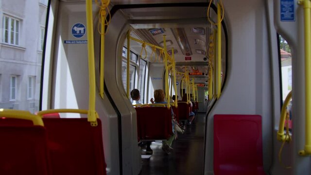 inside tramway driving through Vienna