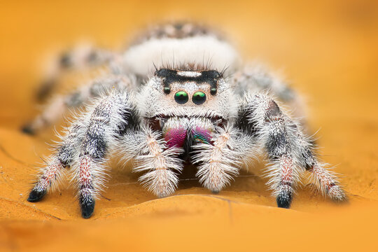 Portrait of a jumping spider on a leaf, Indonesia