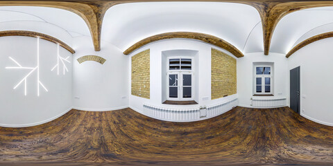 full seamless hdri panorama 360 angle in white empty apartment interior with wooden rafter ceiling...