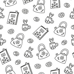 Seamless pattern with teapots, cups, cookies and books.