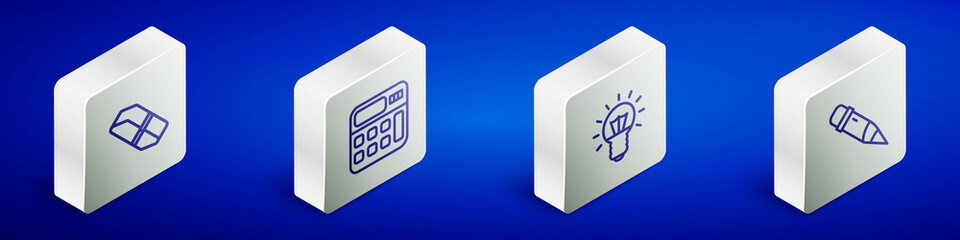 Set Isometric line Eraser or rubber, Calculator, Light bulb and Pencil with eraser icon. Vector