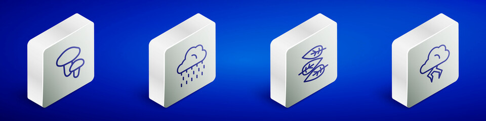 Set Isometric line Mushroom, Cloud with rain, Leaf or leaves and Storm icon. Vector