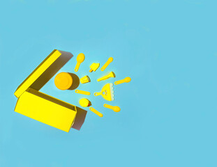 A yellow box from which yellow things come out. On a blue background. With space for text.
