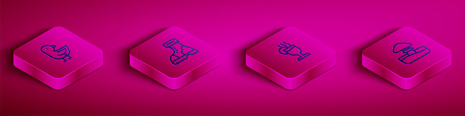 Set Isometric line Little chick, Waterproof rubber boot, Mulled wine and Mushroom icon. Vector