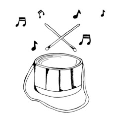 Vector drawing of a drum with notes. Musical instrument sketch.