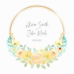 Save the date watercolor yellow floral wreath with golden circle