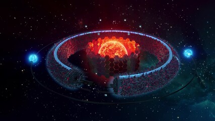 Futuristic Sci-fi city on a ring planet seamless loop. 4k 3D animation of a high tech space station with Dyson sphere, artificial sun and cyberpunk structures. Advanced space travel concept with stars - Powered by Adobe