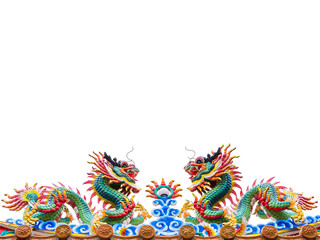 Chinese Dragon Statue on roof of temple isolated on white background