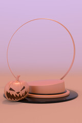 3D happy halloween banner background and podium platform template.Halloween pumpkins on orange background.Vertical