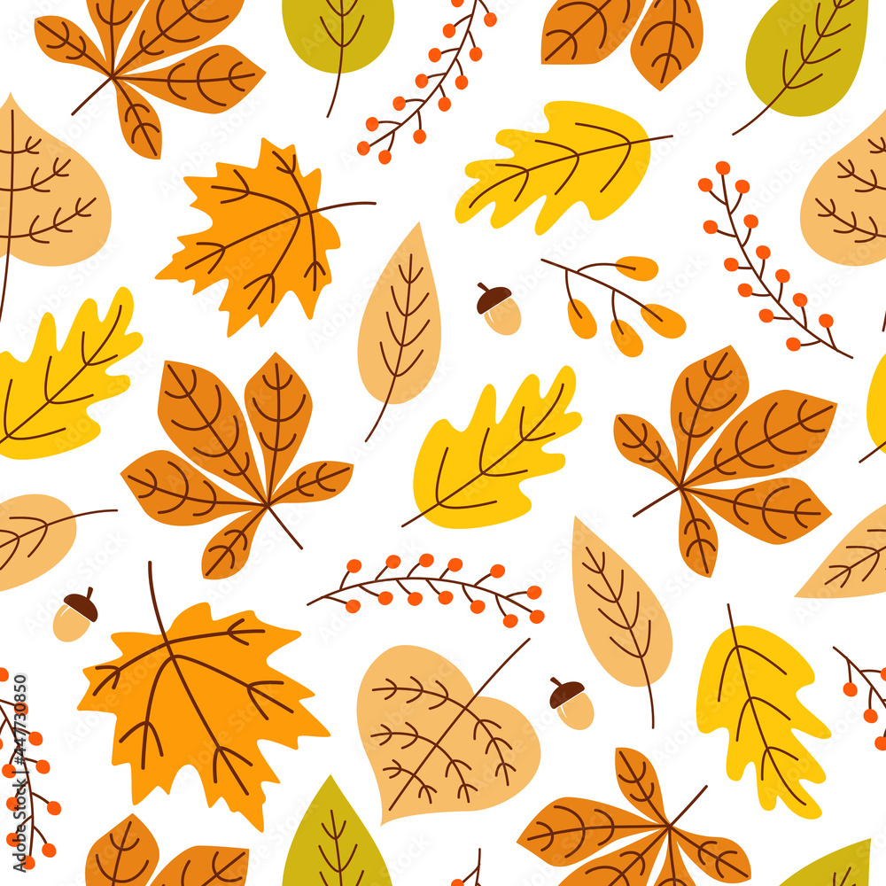 Poster autumn seamless pattern with colorful acorns, leaves and berries on white background. modern seasona