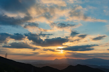 Morning sunny high angle view of the mountains around Wuzhi Shan