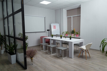 Conference hall, white bright clean office with table, chairs, projector, whiteboard, pink arm-chair and glass door, lots of potflowers.