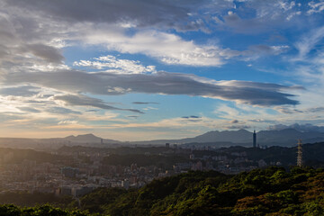 Fototapeta premium Sunset high angle view of the cityscape form Wenshan District