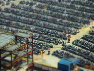 Morning sunny high angle view of the motor bike parking lot at Banqiao District