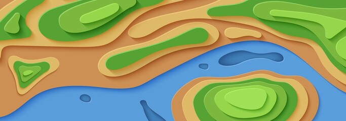 Topographic map in papercut style. Top view river, trees, elevation and sandy shore in paper cut style. Wavy layered shapes cut out from cardboard. Abstract vector illustration for ecology concept