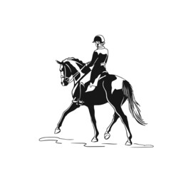 Dressage horse and athlete, black white picture isolated on white background, vector illustration