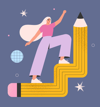 Graphic designer, illustrator, artist. Woman with a pencil in space. Drawing courses, lessons or classes. Creativity, inspiration, design concept. Art education. Isolated flat vector illustration