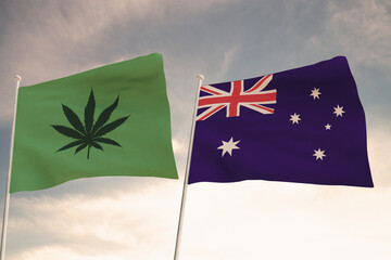 Interesting Flags of AUSTRALIA and that of the legalization of marijuana waving with the bright sky...