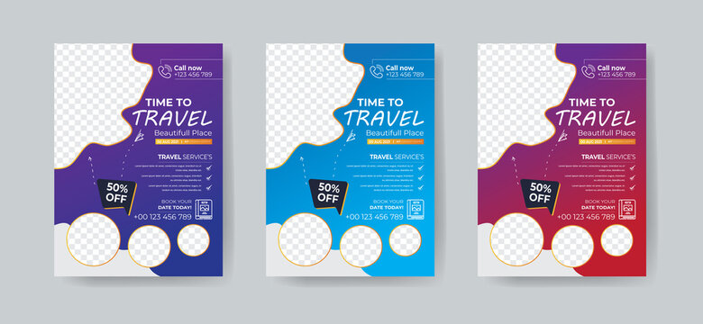 Travel flyer or poster brochure design layout. 3 colorful Travel flyer template for travel agency