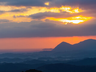 Morning sunny high angle view of the mountains around Wuzhi Shan