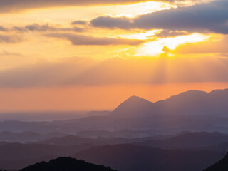 Morning sunny high angle view of the mountains around Wuzhi Shan