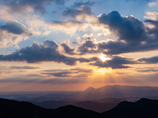 Morning sunny high angle view of the mountains around Wuzhi Shan