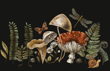 Woodland treasures, Amanita mushroom, fern, forest plants baner. - 447732877