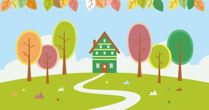 cute cartoon vector green park house building tree color leaves plant background animation
