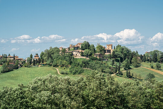 The village of Castello di Serravalle - Castle of Serravalle in springtime viewed from south. Bologna province, Emilia and Romagna, Italy