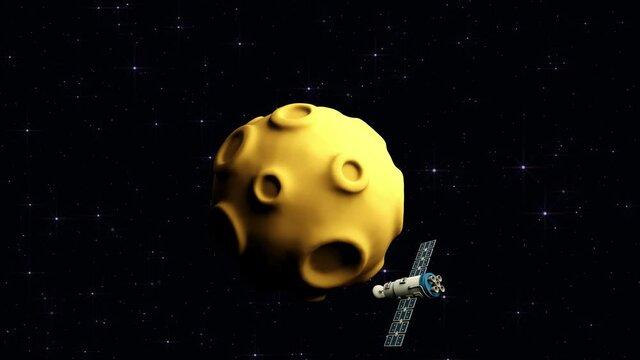 Artificial satellite space station orbiting the moon. 3D looped animation.