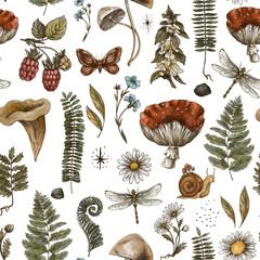 Vintage woodland nature seamless pattern. Amanita mushroom, fern, forest plants witchcraft wallpaper - 447733606