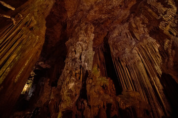 Stalactites of a cave from below. Geological formation patterns. Asthma Cave in Narlikuyu Mersin Turkey. 