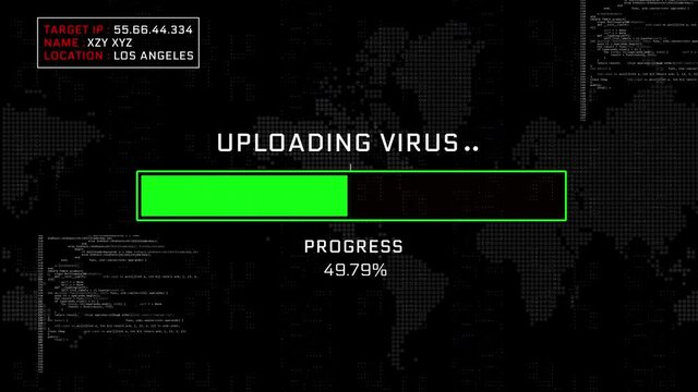 Uploading Virus progress bar computer screen animation loop warning message on screen. Hacking attack, malware detected, data encryption. data theft, scam, phishing. System warning, hacking attempt