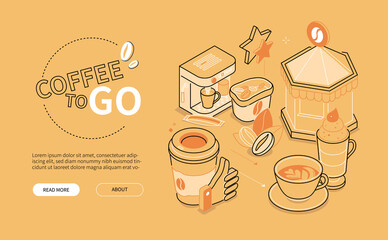 Coffee to go - orange line design style isometric web banner