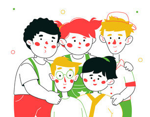 Happy preschool children - colorful line design style illustration