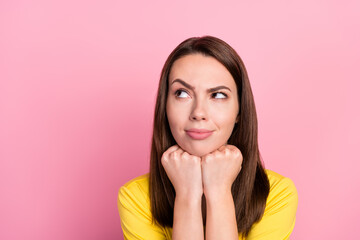 Photo of thoughtful funny young lady wear yellow t-shirt hands arms chin looking empty space...
